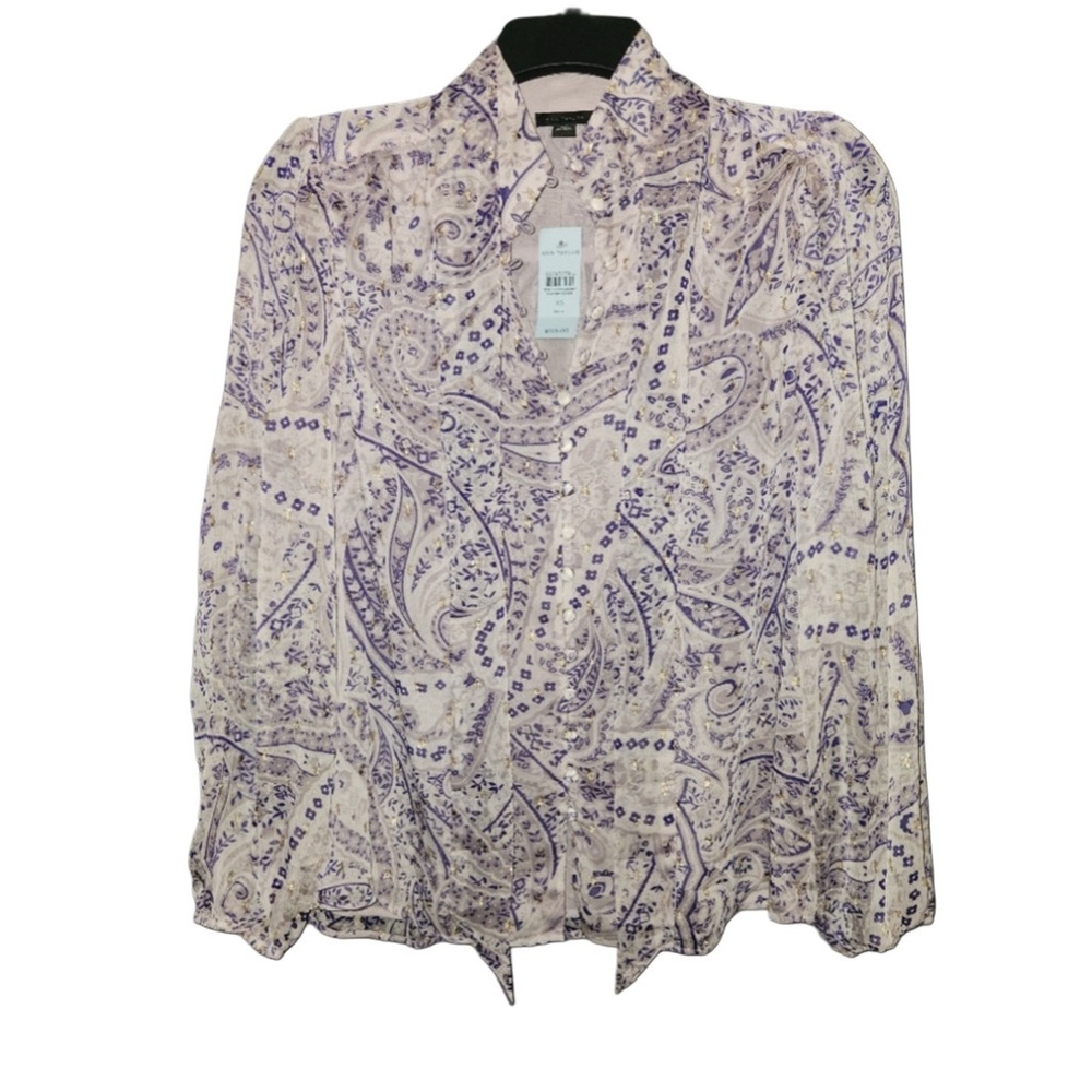 NWT Ann Taylor Purple Long Sleeve Sheer Blouse With Gold Accents Size XSP